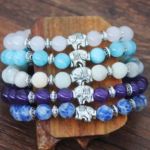 Buntes Naturstein Perlen Armband Set mit silbernem Elefanten Anhänger Damen Modeschmuck