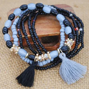 Boho Pulsera de Cuentas Multicapa Negro Gris Cristal Borlas Joyeria Etnica