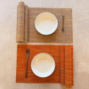 Bamboo woven placemat tea mat table runner set with creative colorful rope design for kitchen.