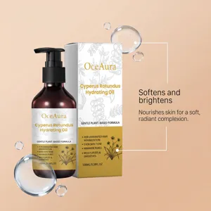 Nahaufnahme Detail der Oceaura Cyperus Rotundus feuchtigkeitsspendenden Oelflasche und Verpackung.