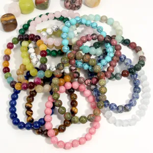 Wholesale multi-color natural stone bead bracelets, 8mm gemstone stretch bracelets set for women.