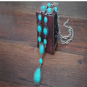Vintage turquoise sweater chain necklace, retro bohemian style long necklace for women.