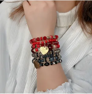 Conjunto de pulseras de cuentas multicapa bohemias para mujer, joyería de cristal rojo y negro.