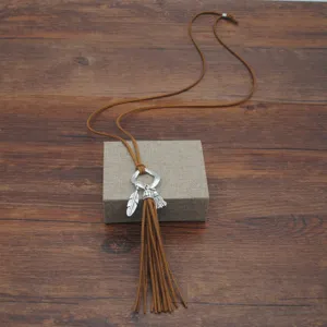 Collar Largo Sueter Ante Borla Estilo Boho Colgante Pluma Joya Moda Para Mujeres