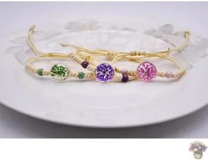 Bracciali fatti a mano in corda di canapa fiori secchi sfera di vetro stile boho gioielli.