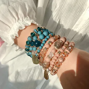 Set de Brazaletes de Cuentas Multicapa Boho para Mujer Exótico Colorido Resina Cristal Hilos Borla Joyería Elástica