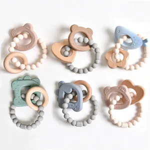 Mordedor de Silicona para Bebé Pulsera de Madera Natural Juguete de Dentición Animal Oso Dinosaurio Ballena Corazón