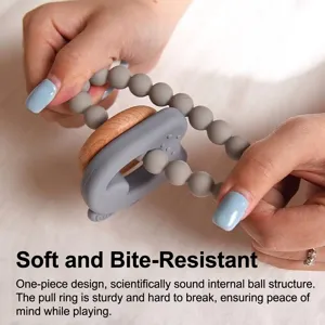 Pulsera mordedor de silicona flexible para bebés con anillo de madera seguro