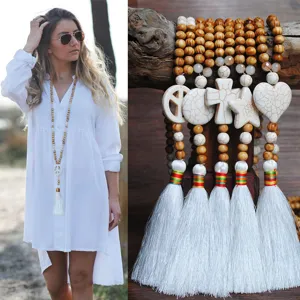 Collana con Ciondolo a Nappa in Perline di Legno Fatta a Mano per Donna Catena da Maglione Lunga Boema Croce Cuore Stella Segno della Pace