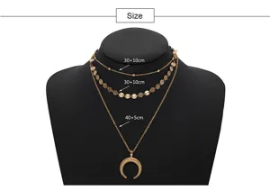 Gold multi-layered necklace with crescent moon pendant and chain size specifications for women.
