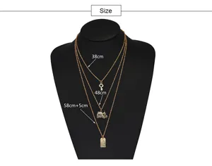Gold multi-layer necklace with pendants and length labels 38cm 48cm 58cm for women fashion.