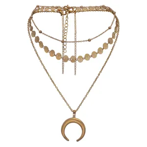 Fashion Alloy Rhinestone Layered Pendant Necklace For Women Gold Color Multi Layer Moon Heart Star Lockbone Chain Jewelry Gift
