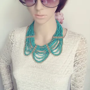 Exaggerated multi-layer turquoise beaded statement necklace with metal accents, sweater chain.