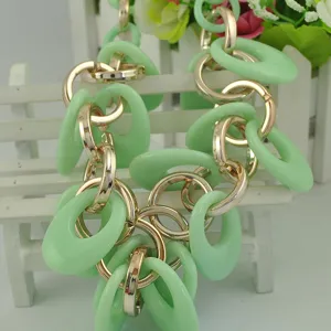 Mint green chunky chain necklace detail view, exaggerated multi-layer resin and gold link design.