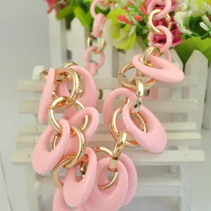 Chunky pink link statement necklace with gold metal rings stylish fashion collar jewelry