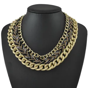 Close-up detail view of the multi-layered statement necklace showing intricate braided texture.