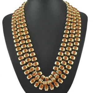 Exaggerated multi-layer braided chain necklace with brown beads, European sweater chain.