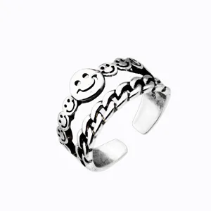 Vintage Thai silver double layer ring with smiley face and chain design, adjustable open band.