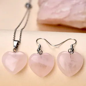 Exquisite natural rose quartz heart necklace and earrings jewelry set, romantic gift style.