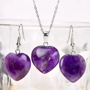 Fashion amethyst heart crystal necklace and earrings set natural stone jewelry detail view