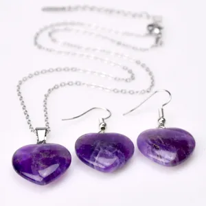 Natural amethyst heart necklace and earrings jewelry set crystal healing pendant gift for women