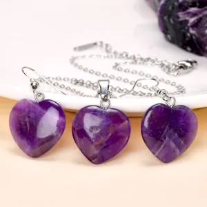 Natural Amethyst Heart Pendant Necklace and Earrings Set Fashion Healing Crystal Jewelry Main