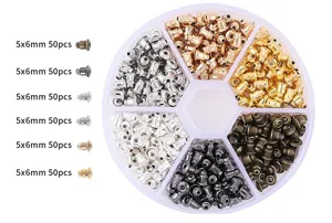 Assorted metal bullet earring backs 5x6mm in a transparent storage wheel for DIY jewelry making.