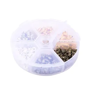 Round plastic storage box filled with assorted metal bullet earring backs for DIY jewelry making.