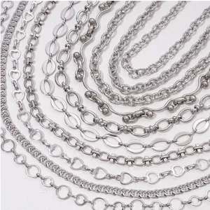 Stainless steel DIY jewelry chains set, various links like heart and rope for necklaces.