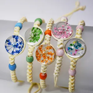 Bracciale Intrecciato Fiori Secchi Fatto A Mano Boho Cupola Di Vetro Perline Gioielli