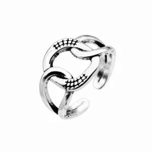 Detailed shot of retro Thai silver open ring featuring geometric interlocking chain design.