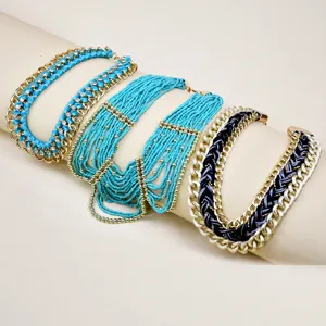 Bohemian multi-strand turquoise seed bead chunky chain braided statement necklace set for women