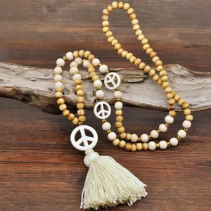 Collier de perles en bois bohème avec pendentif symbole de paix et gland chaîne de pull pour femmes