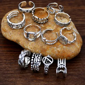 Vintage Thai silver open rings set for women, retro geometric hip-hop adjustable rings.