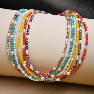 Collar gargantilla multicapa de cristal colorido y perlas, joyería de moda elegante para mujer.