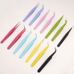 Colorful macaron straight and curved tweezers for DIY nail art and jewelry crafting tools.