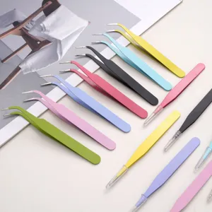 Macaron colored straight and curved iron tweezers set for DIY nail art and jewelry making.