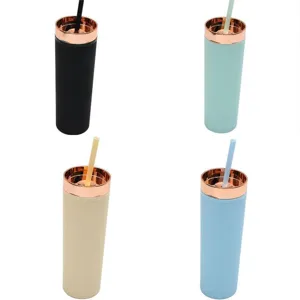 16oz skinny tumbler with rose gold lid and straw double wall plastic matte finish cups.