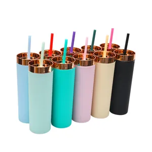 Double Wall Plastic Tumbler With Straw And Rose Gold Lid Matte Rubber Paint Insulated Water Cup For Travel