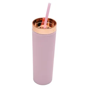 16oz matte pink tumbler with rose gold lid and straw, double wall plastic travel cup detail view