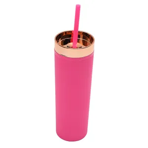 Closeup of the matte pink tumbler featuring a shiny rose gold lid and matching straw detail.