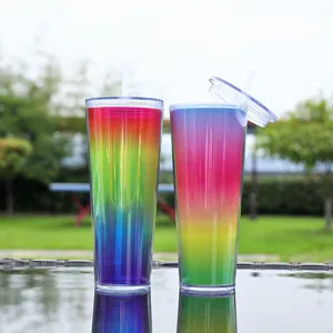 πλαστικό ποτήρι διπλού τοιχώματος 750ml με χρωματιστό ουράνιο τόξο καπάκι και καλαμάκι