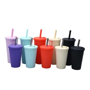 Double layer plastic straw cup detail, colorful straw cups showing multiple vibrant color options.