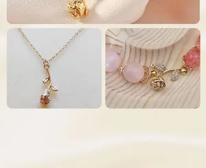 14k gold plated copper paved rhinestone rose flower pendant charm bracelet diy jewelry making