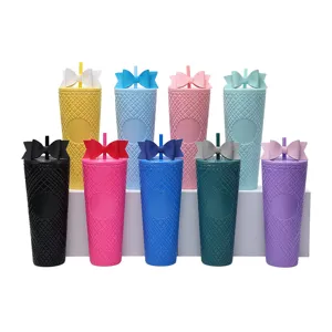 710ml Double Wall Plastic Studded Tumbler with Straw and Bow, Multi-color Reusable Diamond Cup.