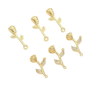 14K Gold Plated Copper Rose Flower Pendant Rhinestone Inlaid Charms For DIY Necklace Bracelet Jewelry Making Accessories For Women