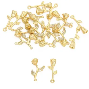 14K gold plated brass rhinestone rose flower pendant charms DIY jewelry making accessories