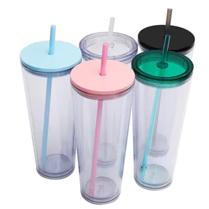 Clear plastic tumbler with straw and lid, large capacity portable drink cup for daily use.
