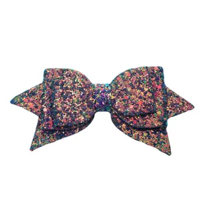 Sparkling multi-color glitter bow accessory close-up view, detailed shiny texture.