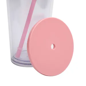 Close-up detail of transparent plastic straw tumbler with pink lid and straw, clean design.
